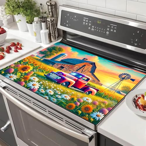 HOMETITUTE Farm Truck Stove Top Covers for Electric Stove 28x20 Inches Heat Resistant Glass Cooktop Protector Pad Decorative Stovetop Cover Dish Drying Mats for Kitchen Coffee Bar Decor