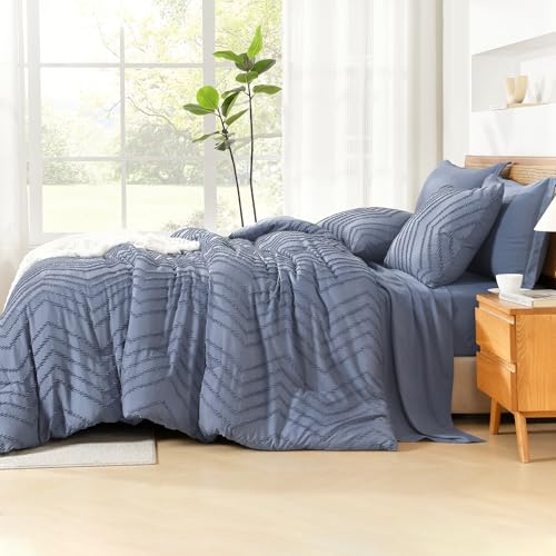 Image of Litanika Queen Size Comforter Set with Sheets Bluish Grey - 7 Pieces Bed in a Bag Queen Chevron Tufted Complete Bedding Sets with Comforter, Sheets, Pillowcases & Shams