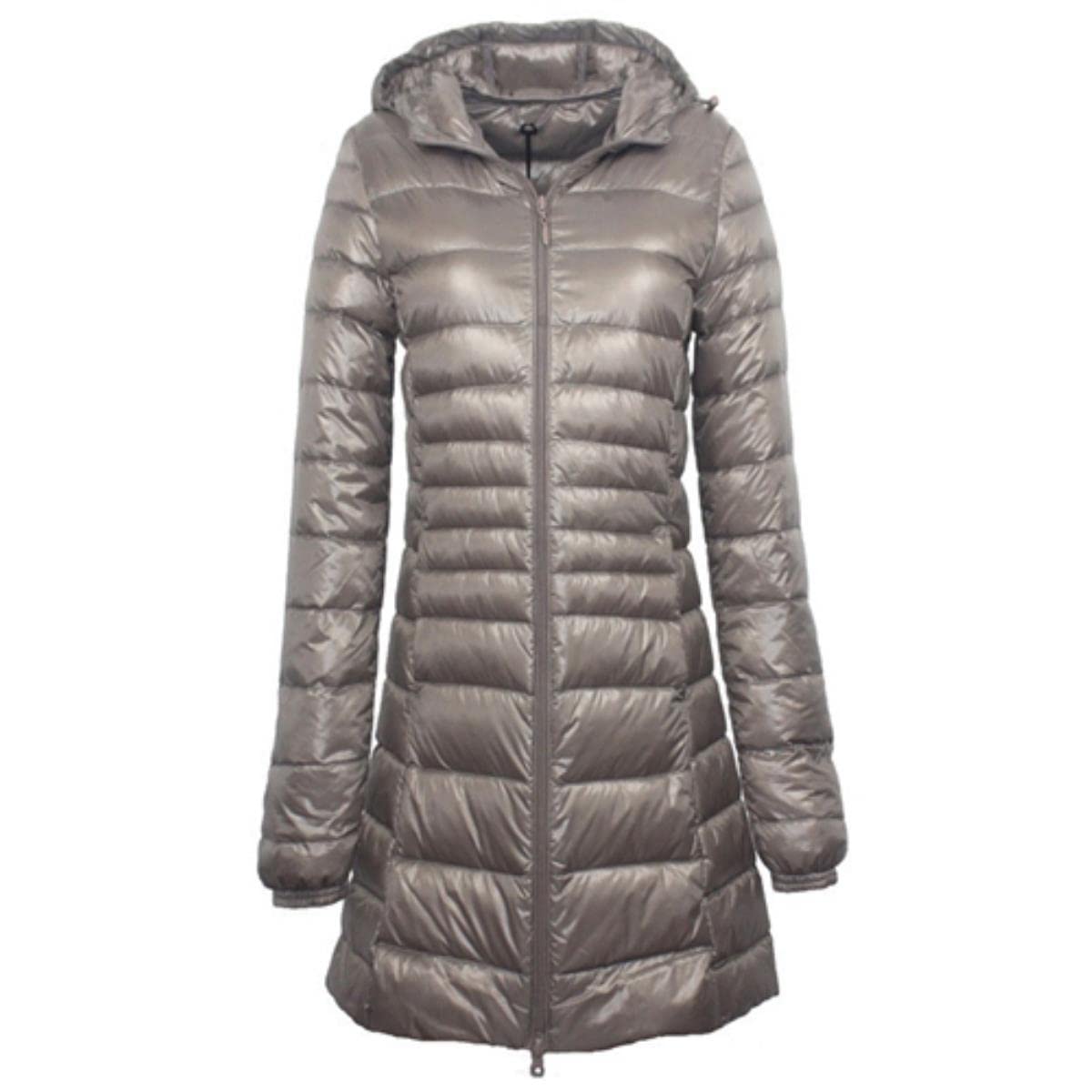 Piumino lungo da donna caldo con borsa portatile da donna, ultra leggero e ultra leggero, da donna, lunghezza ai fianchi, cachi, 6XL