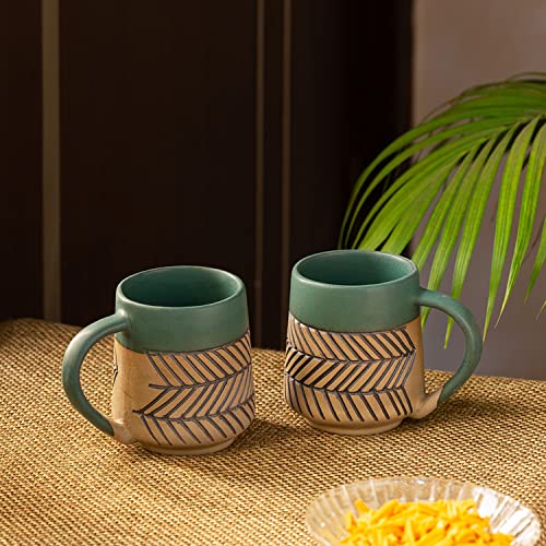 Image of ExclusiveLane 'Chevron Waves' Ceramic Tea Cups & Ceramic Coffee Mugs Set of 2 (280 ML, Microwave & Dishwasher Safe) |Ceramic Coffee Cups for Tea Mugs Set Ceramic Mugs Milk Mug Coffee Cup Drinkware