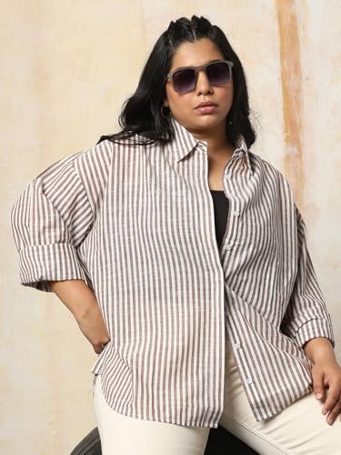 Image of HIGH Star Oversized Striped Cotton Shirt for Women | Stylish Tops for Women | Comfortable and Trendy Casual Shirt