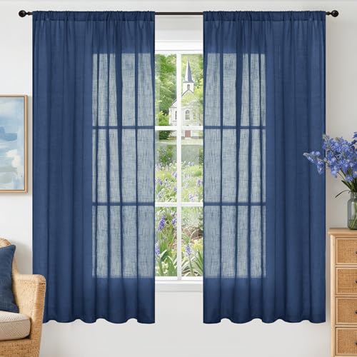 Image of BGment Navy Blue Linen Curtains 63 Inch Length for Living Room, Semi Sheer Window Drapes Light Filtering Decor with Rod Pocket Lightweight for Dining Room Bedroom, 2 Panels Set, Each 52 Inch Wide