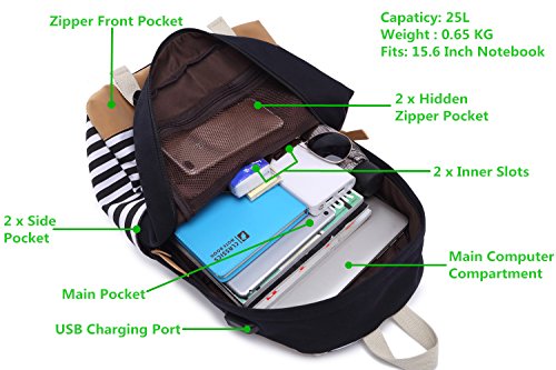 Women Laptop Backpack High School Bookbag 15.6 inch Casual Travel College Canvas with USB Charging Port (1-Black)3