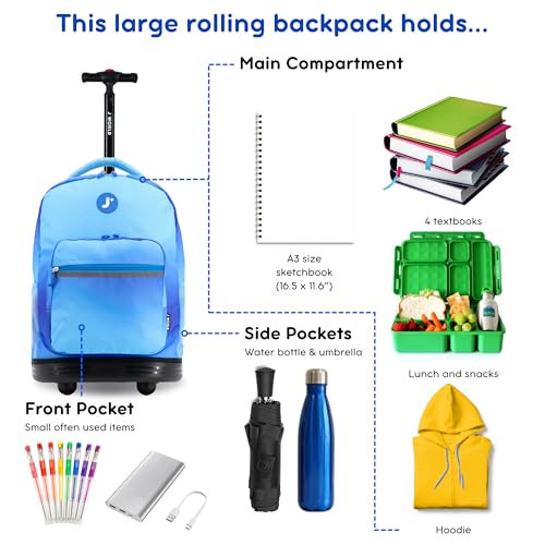 Image of J World Sunrise Kids Rolling Backpack with Wheels for Girls Boys, Roller Bookbag for School, 18 x 13 x 9 Inches, Blue Gradient