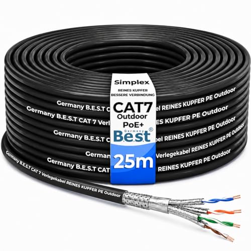 Germany B.e.s.t CAT 7 25M Simplex Erdkabel Netzwerkkabel Outdoorkabel LAN Kabel Ethernetkabel S/FTP 10 Gbit/s Kat 7 reines Kupfer PoE+ LSZH Datenkabel