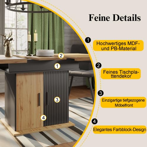 Mesa de comedor extensible de 110 a 140 cm, estilo retro con puertas moldeadas al vacío, mesa de cocina plegable para 4-6 personas con espacio de almacenamiento y estantes ajustables, color