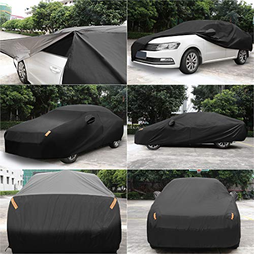 Image of uxcell 190T 450x175x150cm Black Car Cover Waterproof Breathable Scratch Rain Snow Heat Resistant with Driver Door Zipper Mirror Pocket and Reflective Strips