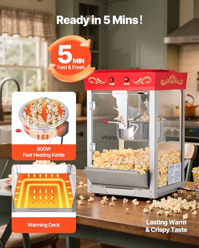 Image of VEVOR Popcorn Machine, 8oz Stainless Steel Kettle, 800W Commercial Countertop Popcorn Maker, 48 Cups per Batch Theater Style Popper, with 2-Button Control Glass Wall PC Door 1 Scoop 3 Spoons, Red