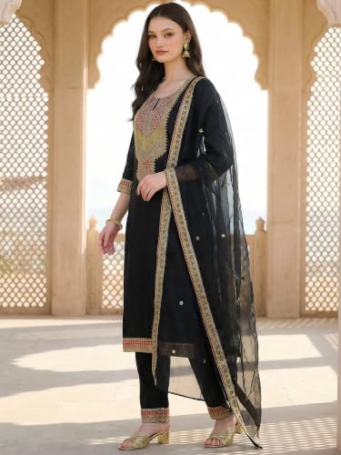 Image of INDO ERA Women's Maroon Silk Blend Embroidered A-Line Kurta & Pant With Dupatta Set (IESTR6990)