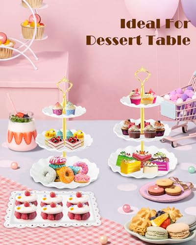 Hoedia 10 Pcs Cake Stand, Plastic Dessert Table Display Set, 4 Pcs 3 Tier Cupcake Stand Tower and 6 Pcs Serving Tray for Tea Party Baby Shower Decorations - Image 8