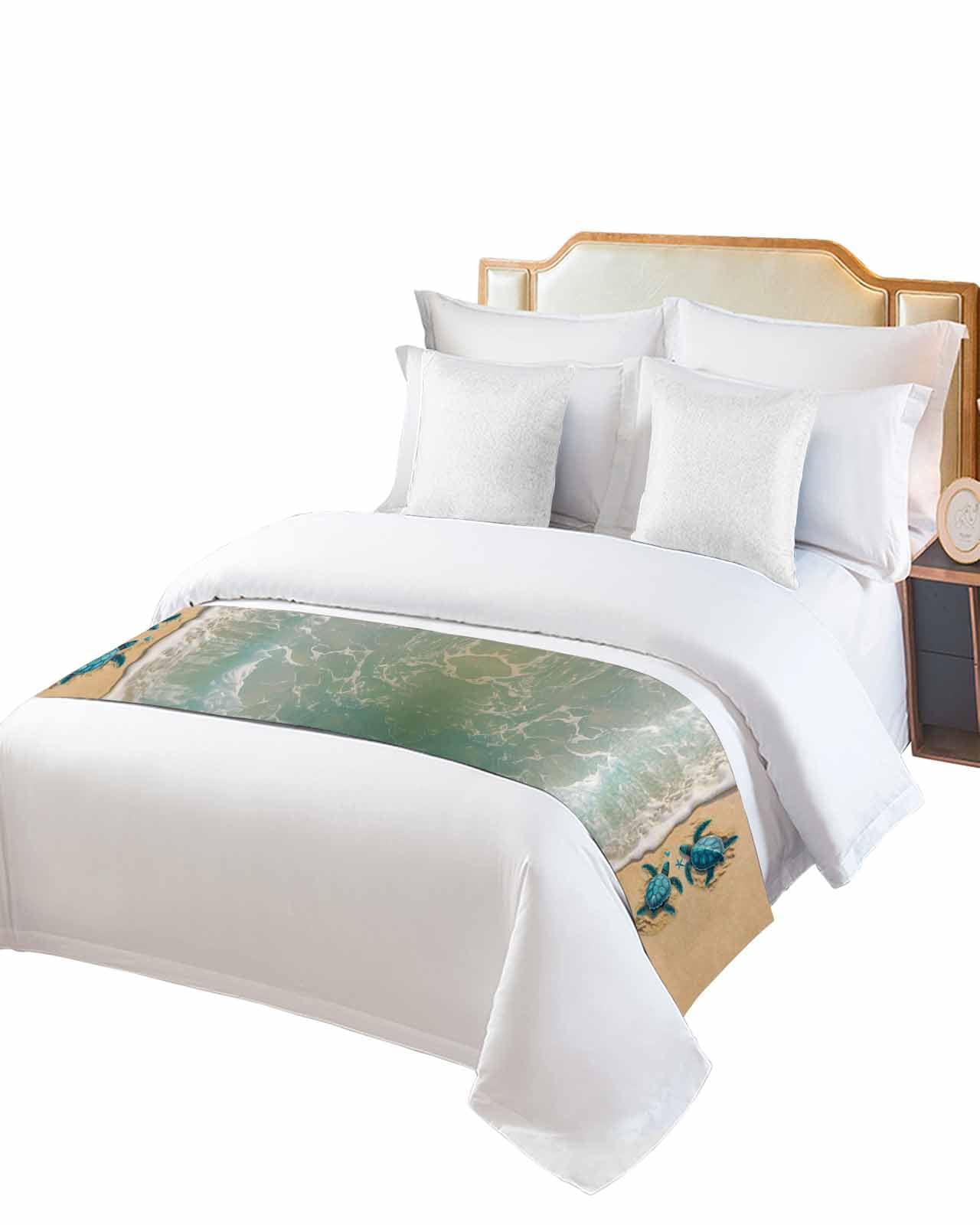 Twin Bed Runner Blue Turtle Summer Ocean Beach Bedding Runner Scarves Decorative Bed Scarf, Coastal Mini Starfish Love Soft Bedding Scarf for Bedroom Hotel Wedding 71x20in