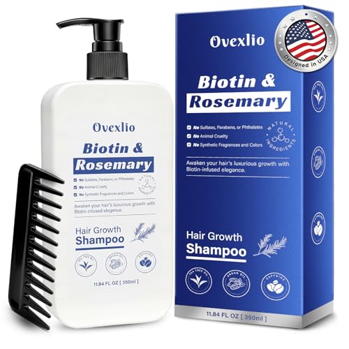 OVEXLIO Hair Growth Shampoo with Biotin and Rosemary, Routine Shampoo for Hair Loss and Thinning, Natural Thickening Formula with Argan Oil, Tea Tree Oil and Caffeine, Sulfate Free with Comb, 11.84 FL