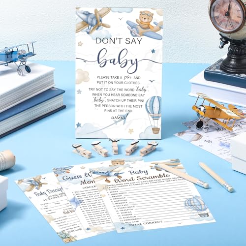 Image of Patelai 321 Airplane Baby Shower Decorations Games Supplies Little Explorer Landing Soon Baby Shower Games Don't Say Sign for Airplane Plane Theme Gender Reveal 1st Birthday Party Decorations Supplies