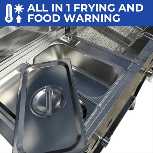 Heavy Duty 2 Basket Deep Fryer Cart | 3 Gallon Single Tank | 2 Pan Steam Table | Portable 4 Wheel | Stainless Steel | Frying Thermometer | Outdoor Propane Fryer for Chicken, Fish, & More