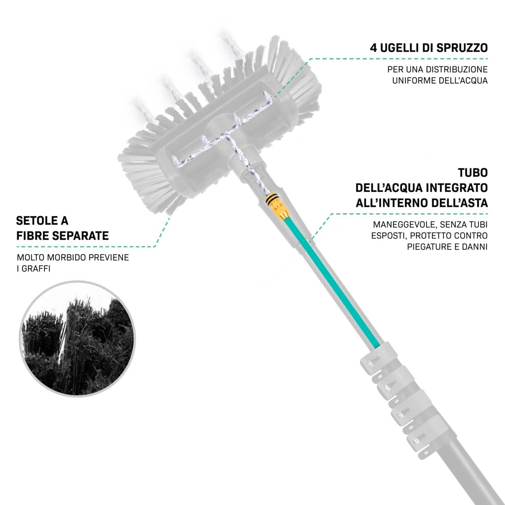 VONROC Spazzola telescopica- 4,60 m - Include spazzola multiuso, tubo flessibile da 6 metri e dispenser di sapone