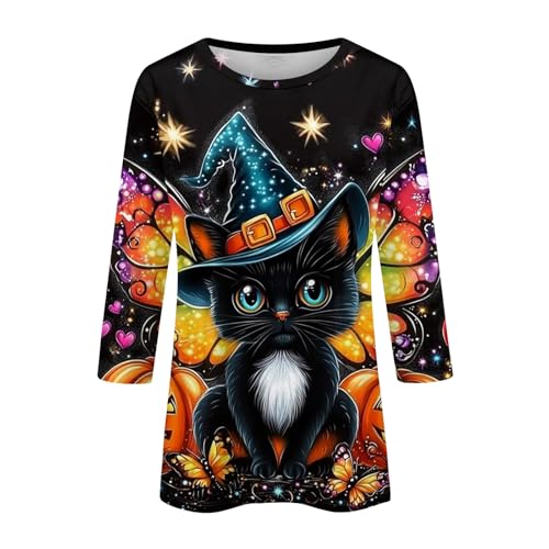 Cute Funny Halloween Shirts for Women Plus Size 3/4 Length Long Sleeve Womens Tops Witch Gothic Renaissance Shirt