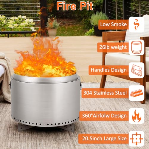 20.5 Inch Portable Smokeless Fire Pit with Stand, Handles Design, Stainless Steel Stove Wood Burning, Removable Ash Pan, for Camping, Garden, Backyard
