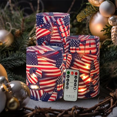 Image of Printed Flameless Candles with String Lights - Set of 3 USA Flag Battery Operated Candle Flickering Floral LED Pillar Candles with Timer Remote for Home Decor Romantic Ambiance,Flag