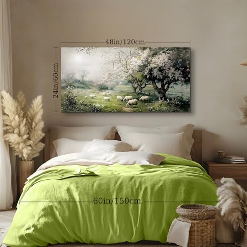 crmotu Large Landscape Wall Art, Nature Wall Art, Farm Pictures Wall Decor, Meadow Sheep Aesthetic Art Prints, Cherry Blossom Tree Wall Paintings for Living Room Bedroom Farmhouse Cottage 24"X48"