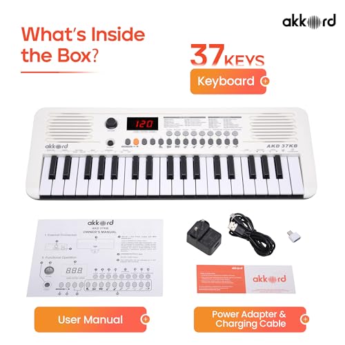 Image of Akkord 37 Keys Music Keyboard - White Edition | MIDI USB-C, Touch Response, 200 Rhythms, Tones & 40 Demos, LED Display, Portable Beginner Piano Compatible with GarageBand.