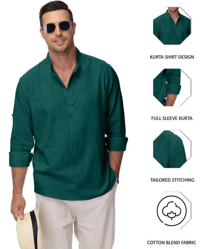 Image of Macsivo Men's Cotton Blend Solid Short Kurta with Regular Lenth Mandarin Collar Short Button Placket Rolled up and Full Sleeves Kurta for Men