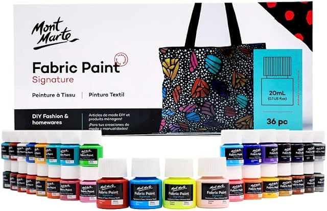 Mont Marte Fabric Paint Set  36 Pieces x 20ml  Permanent Textile Paints  Brilliant Colours for Clothing, Bags and All Fabrics
