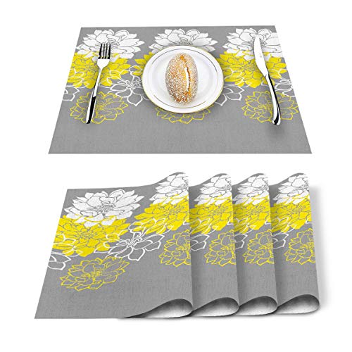 Dahlia Pinnata Floral Print Placemats Cotton Linen Heat Resistant Table Mats Set of 6 Non-Slip Placemat for Thanksgiving Halloween Christmas Holiday Dining Kitchen Abstract Yellow Gray and White