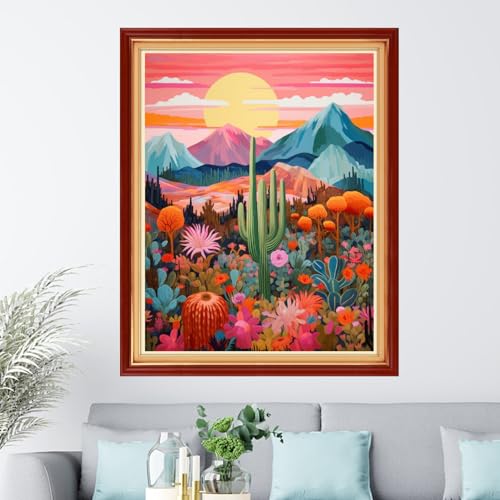 Image of Dimxvean Stamped Cross Stitch Kits,Cross Stitch Kits for Adults Beginners,Embroidery Kits Full Range of Cross Stitch Stamped Kits Needlepoint Kits Cross Stitch Patterns-Sunrise Cactus 16x20 inch