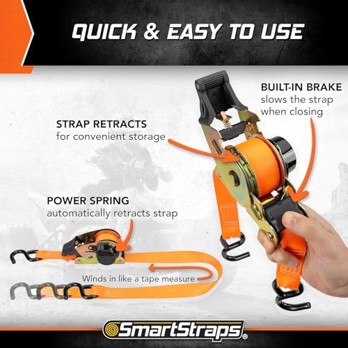 Image of SMARTSTRAPS 10' Retractable Ratchet Straps, 2 Pack - 3,000lb Break Strength, 1,000lb Safe Work Load - Haul Motorcycles, Boats, and Appliances with Patented Technology Heavy Duty Ratchet Straps