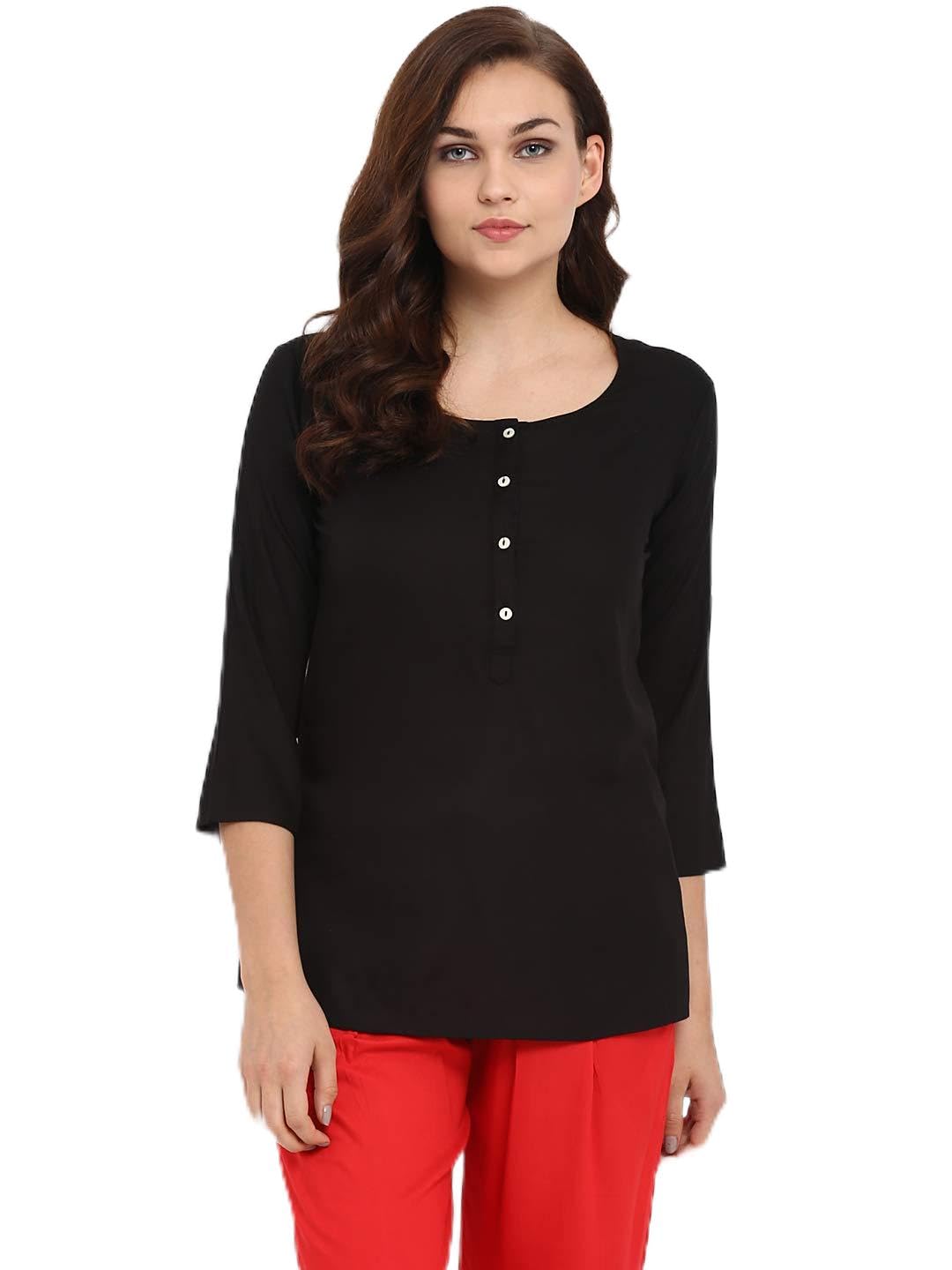 Hapuka Black Rayon Solid Three Forth Sleeves Top