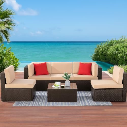 Shintenchi 6 Pieces Patio Furniture Sets Outdoor All-Weather Sectional Patio Sofa Set PE Rattan Manual Weaving Wicker Patio Conversation Set with Glass Table&Ottoman Cushion and Red Pillows, Beige