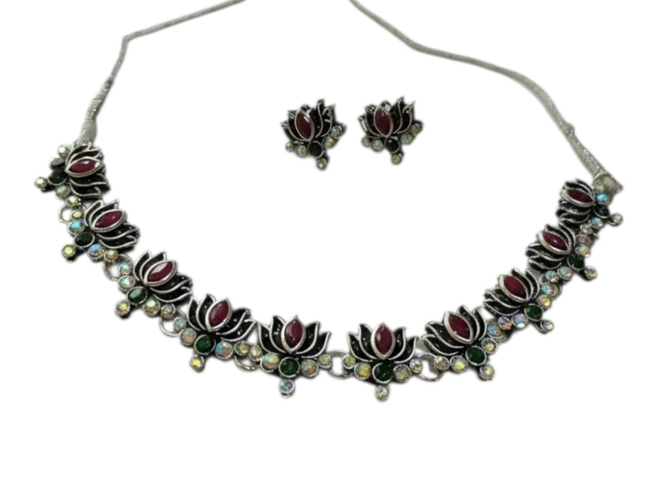 German Silver Oxidised Lotus Choker Necklace with Earrings | Traditional Ethnic Jewellery Set for Women-image-39