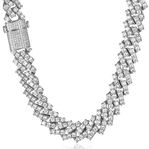 TRIPOD JEWELRY 12mm White Gold Plated Diamond Iced Out Cuban Link Chain/Bracelet - Hip Hop Miami Cuban Link Choker Diamond Prong Link Chain Choker Cuban Bracelet for Men (White Gold - 12mm, 18.00)