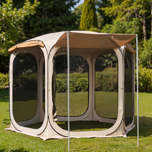 East Oak 12×12 FT Pop Up Canopy Tent with Mesh | Outdoor Screen House with 4 Sunshades | Instant Canopy with Portable Carry Bag | Gazebo Tent for Camping, Patio, and Beach | Beige