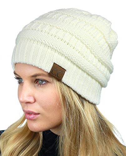 Image of C.C Unisex Chunky Soft Stretch Cable Knit Warm Fuzzy Lined Skully Beanie
