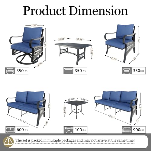 Image of 12 Pieces Patio Conversation Sets, All-Weather Metal Swivel Rocking Chairs with Rope Furniture Set, Outdoor Sofa Couch for Deck, Porch, Garden, Backyard, Poolside (Blue Cushions)