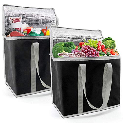 BeeGreen Insulated-Grocery-Bags-Shopping-Cooler-Thermal-Tote 2 Pack for Hot Cold Frozen Food Transport X-Large 60LBS Reusable and Durable with Zipper Top Long Handles Stands Upright Black