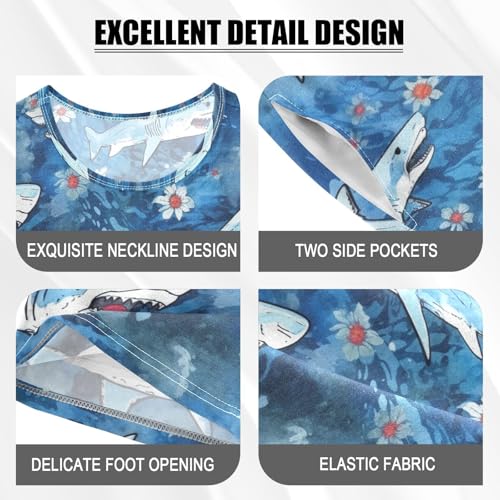 ALAZA Sharks Flowers on Blue Background Pajama Set Short Sleeve Sleepwear Soft Lounge Nightwear4
