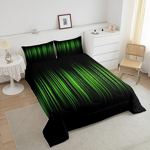 Image of Feelyou Abstract Ombre Comforter Set Full, Green and Black Striped Bedding Set Gradient Green Lines Comforter for Kids Toddler Modern Abstract Geometric Duvet Set Microfiber Quilt Set