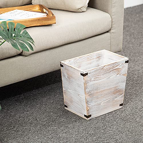 VERGOODR Grey Farmhouse Style Torched Wood Trash Can Waste Bin with Decorative Metal Brackets Trash Can for Bedroom,Living Room, Bathroom & Office (Washed White) - Image 5