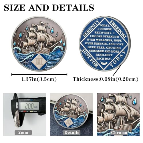Image of 3 Year Sobriety Coin - Nautical NA Medallions | Narcotics Anonymousa AA Chips and Medallions | Addiction Recovery Gifts for Celebrating Recovery Anniversary Milestones | Sobriety Gifts for Women Men