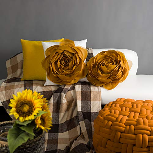 Image of JWH Stereo Flower Throw Pillow Covers Aesthetic Decorative Floral Accent Pillow Cases Round Cushion Handmade Pillowcase for Bedroom Bed Couch Living Room 12 Inch Mustard Brown