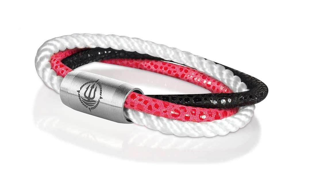 Maritimes Seemannsgarn Leder & Segeltau Armband Trinidad schwarz, weiß, pink, dreireihig, 8mm
