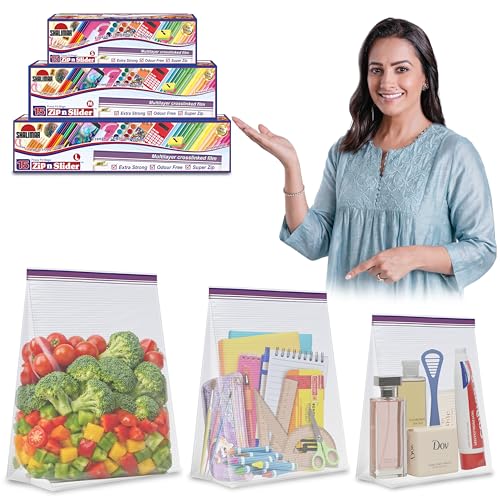 Image of Shalimar Zip 'N' Slider (Press Fit) Bags|Combo Pack (Small+Medium+Large)|Pack of 45 Bags|Ziplock /Vegetable /Fruit /Fridge /Multi-Purpose Storage Bag|Reusable & Reclosable with Double Lock|Color-Natural