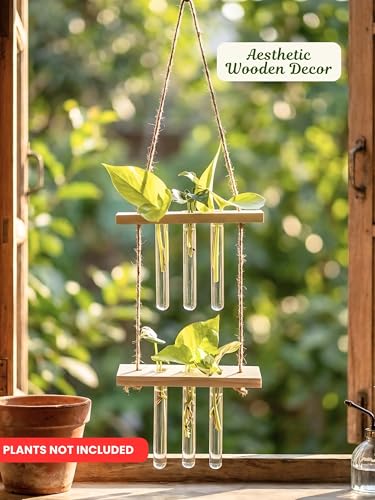 Image of 2 Tier Hanging Planter with Wooden Holder & Rope | 6 Test Tube Hanging Plant Indoor Stand | Wooden Planter for Home Decor, Living Room, Balcony & Office Decoration
