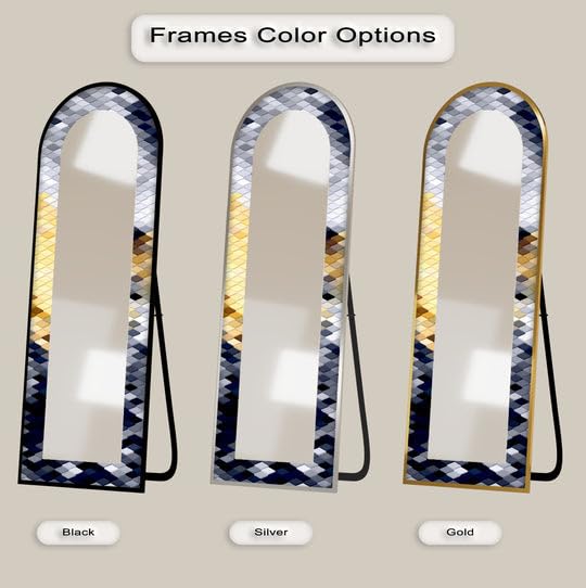 Specchio da pavimento con motivo geometrico in argento, oro e blu navy, 63,5 x 160 cm (larghezza x altezza), specchio da pavimento con cornice nera e cornice nera