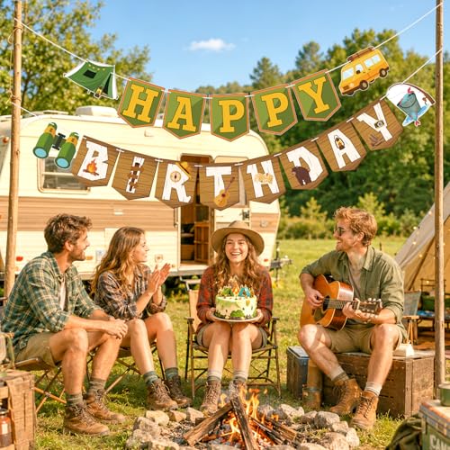 Image of Hooqict Happy Birthday Banner Camping Birthday Decorations Camping Party Banner Garland for Summer Camp Outdoor Hiking Forest Themed Party Decorations