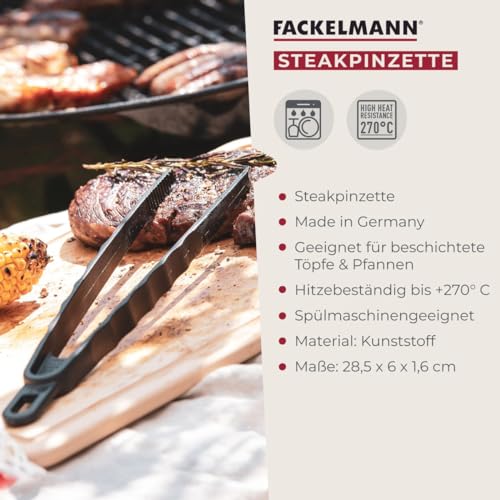 Fackelmann Steakpinzette zum feinen Greifen und Wenden – Pinzette für die Küche und den Grill – Lange Küchenpinzette für Fleisch und Steak, Schwarz