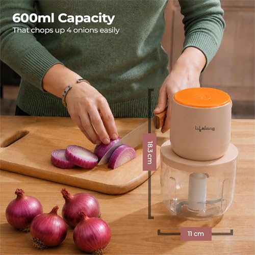 Image of Lifelong Rechargeable Electric Food Chopper with 600ml | 100W Motor | Triple SS Blades | USB Type-C Charging |3600 mAh Battery | One-Press Operation for Veggies, Meat, Garlic, Nuts & Baby Food(LLWC05)