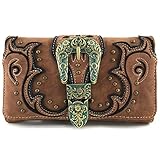 Justin West Patina Girl Western Bronze Floral Buckle Handbag Purse Tote and Strap Wallet (Brown Wallet Only)